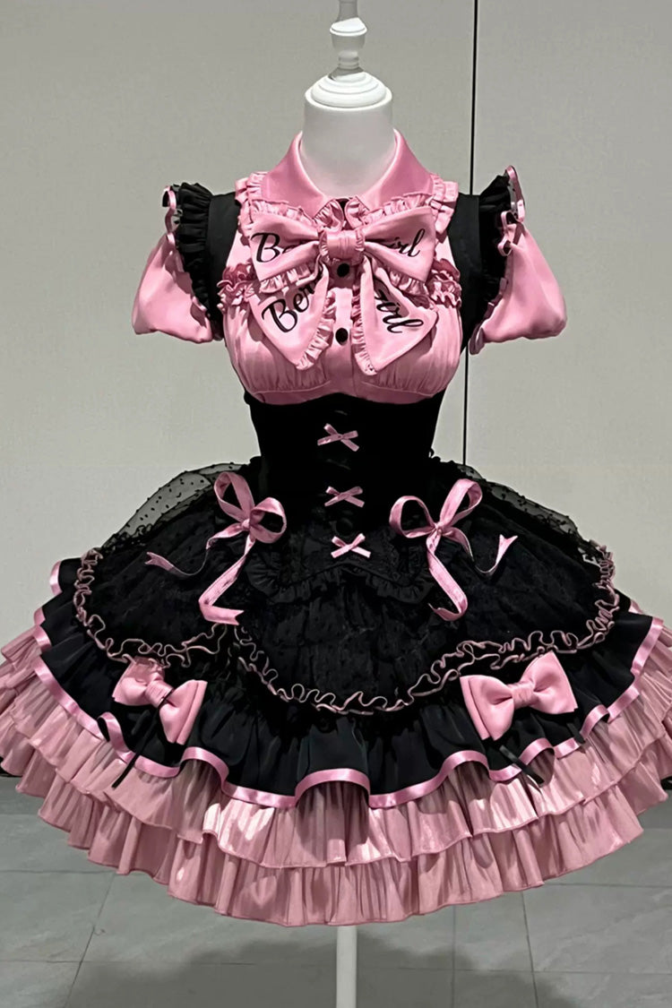 Schwarz/Rosa [Heartbeat Cheer] Reverskragen, kurze Ärmel, dreilagiges Jacquard-Rüschenschleife, süßes Lolita-Kleid-Set mit Brustunterstützung