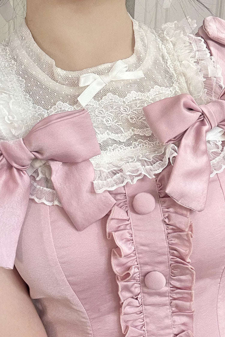 ピンク アニーズ ギフト 半袖 ちょう結び ショート バージョン スイート ロリータ ドレス (プラス サイズ サポート)