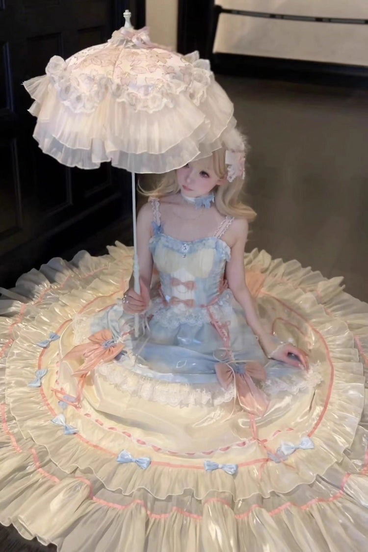 Aprikose/Blau/Rosa Mehrlagiges Hanayome Rüschen Schleife Süßes Prinzessin Wunderschönes Langes Lolita Jsk Kleid