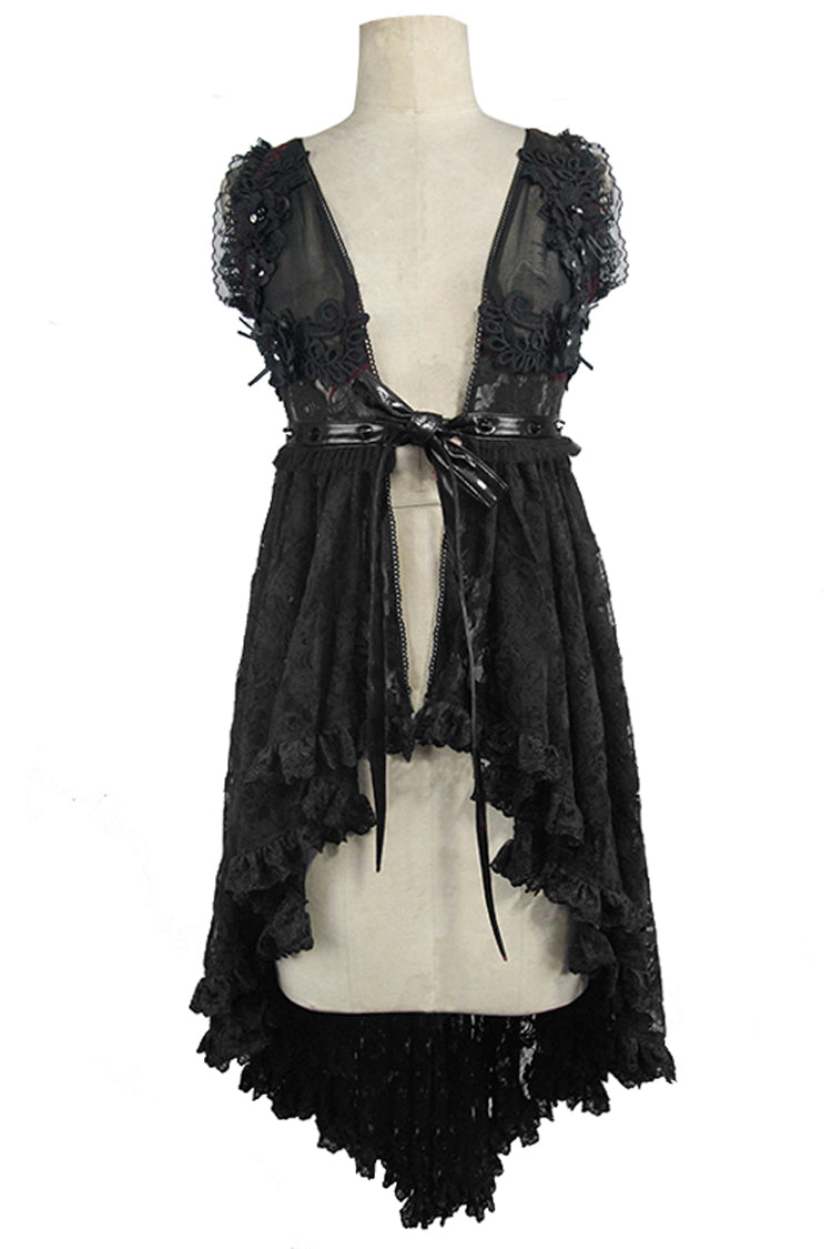 Schwarzes Gothic-T-Shirt mit Knoten in der Taille, Schnürung am Rücken und Rüschensaum, ärmellos, Rosenspitze, Netzstoff für Damen