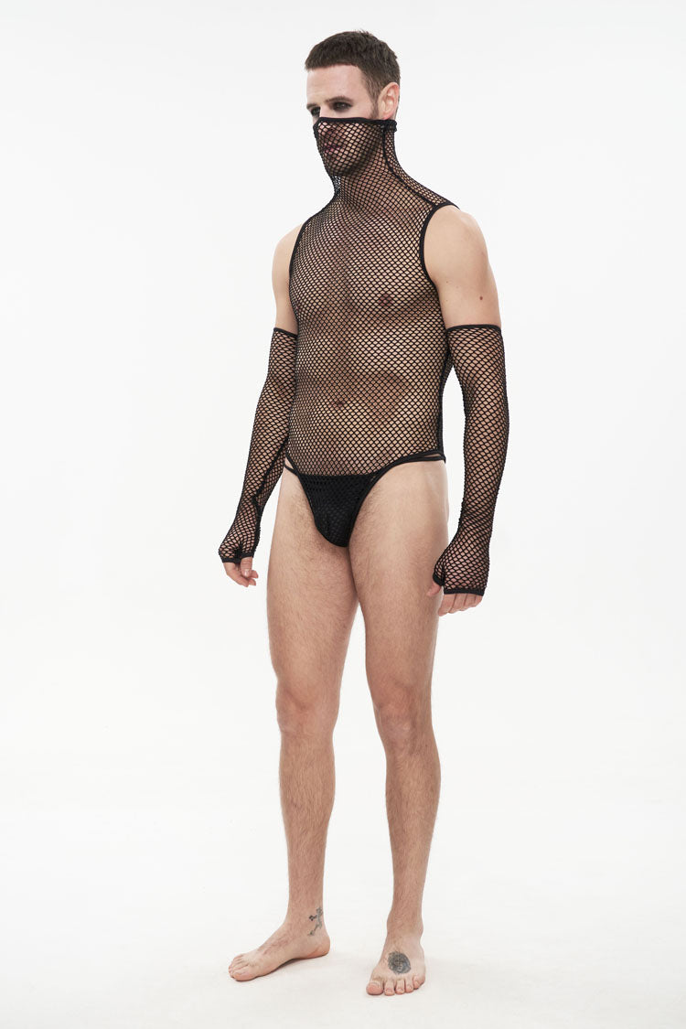 Black Transparent Mesh Sexy Super High Collar Masked Glove Thong Men's Punk Onesie