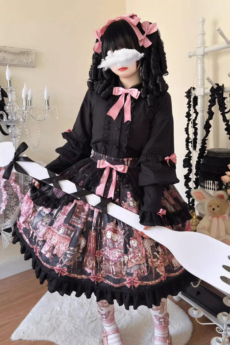 Black [The Case of the Missing Lamb] Print Ruffle Bowknot Lace Gothic Lolita SK Skirt