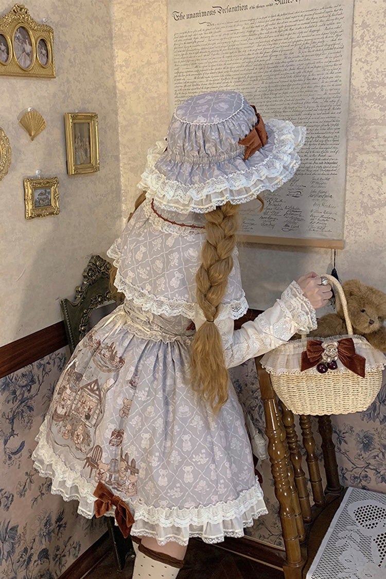 [Castle Bear] Sleeveless Print Ruffle Bowknot Lace Sweet Lolita Jsk Dress 4 Colors