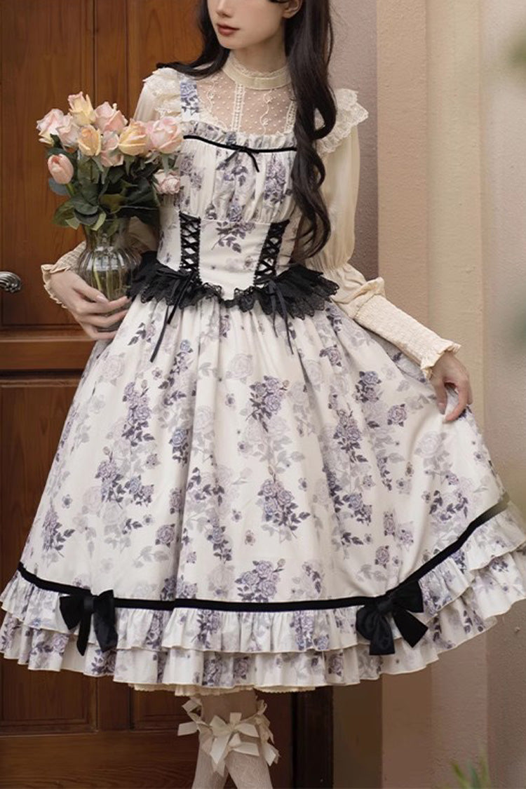 Ivory Rose Print Ruffle Sweet Elegant Princess Lolita Dress