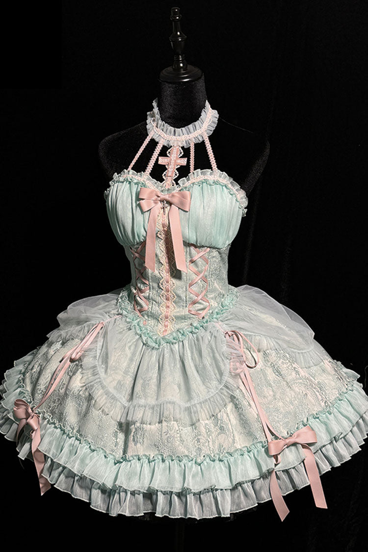 Green Cross Halterneck Ruffle Bowknot Lace Lace-Up Princess Sweet Lolita Dress