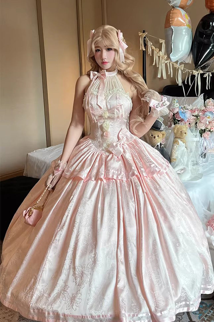 Rosa [Softly Into Dreams] Neckholder, ärmellos, doppellagig, bedruckt, gerüschte Schleife, Spitze, süße, elegante Prinzessin, wunderschönes langes Lolita JSK-Kleid