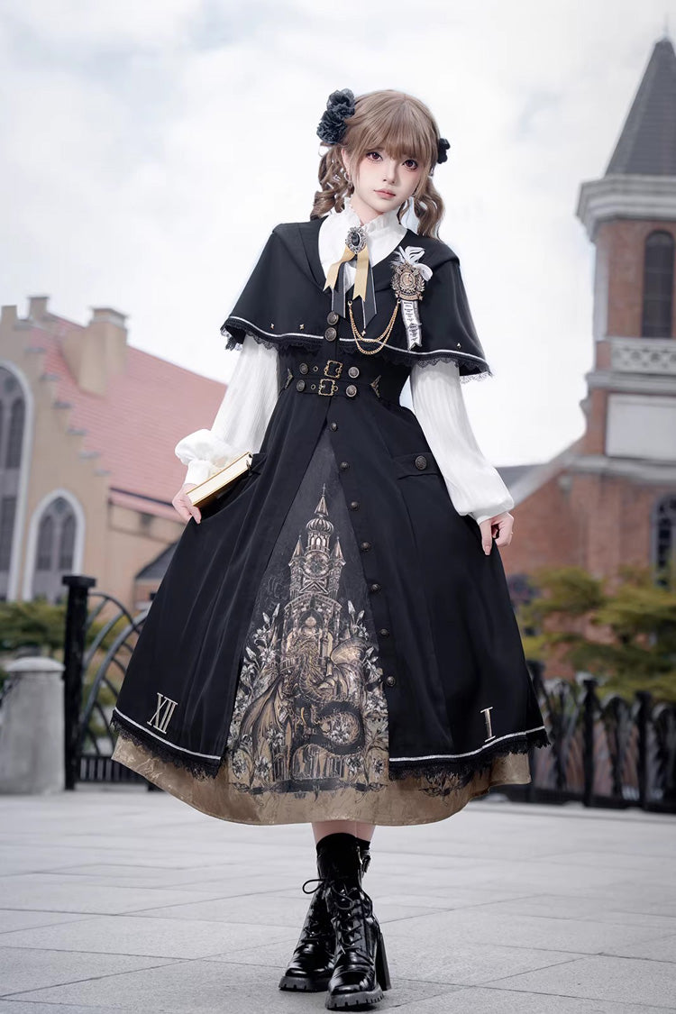 Schwarzes [Dragon’s Aria] dreiteiliges Set mit langen Ärmeln, bedrucktem, besticktem Gothic-Vintage-Lolita-Kleid im College-Stil