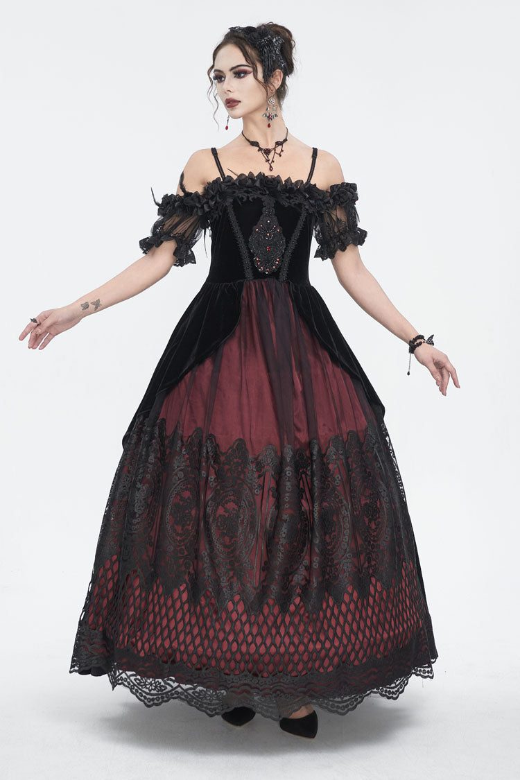 Red Off Shoulder High Waisted Print Lace Women's Gothic Dress