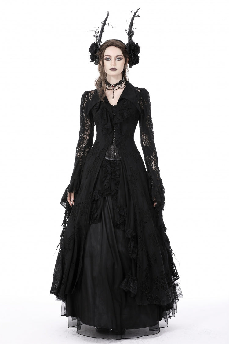 Schwarzes Gothic-Jackenkleid mit Reverskragen, langen Ärmeln, Rüschen, unregelmäßiger Spitze und Schnürung für Damen