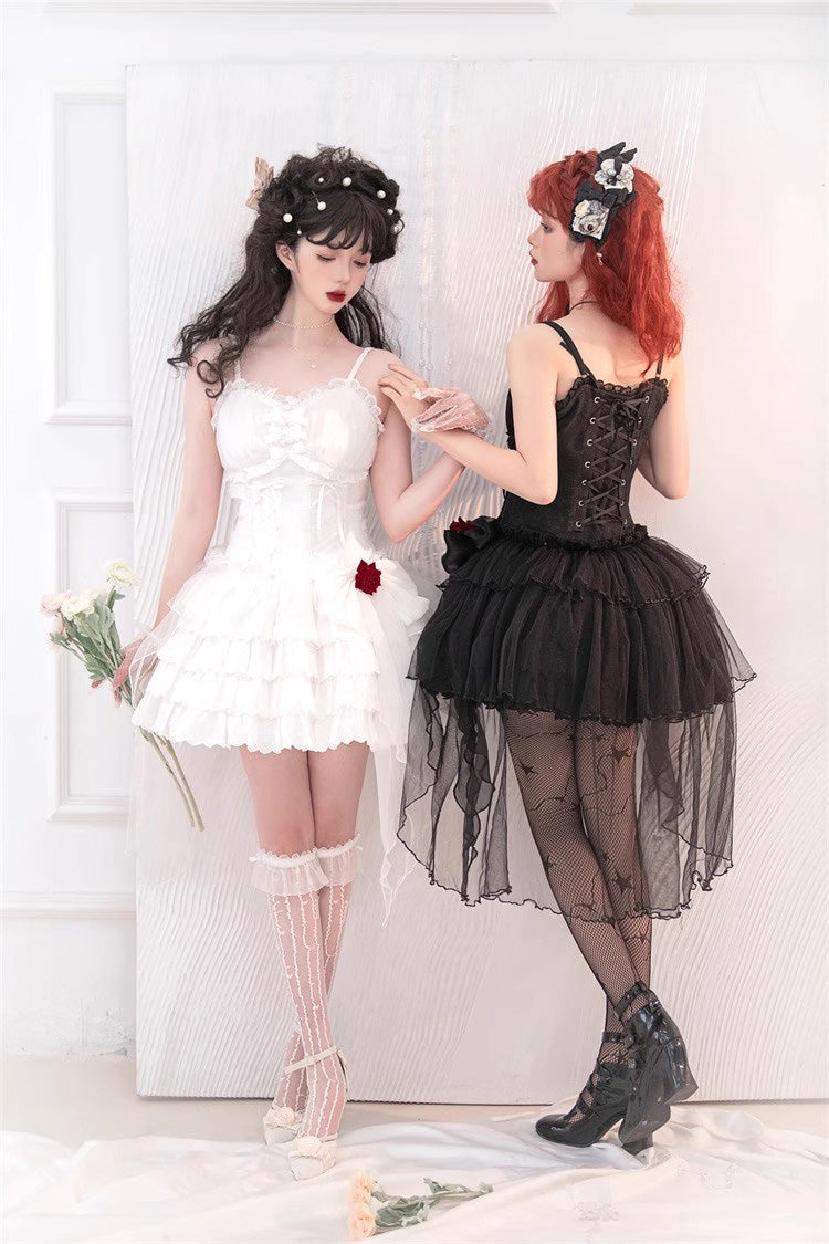 White High Waisted Multi-layer Rose Bowknot Lace-Up Gothic Lolita Jsk Dress