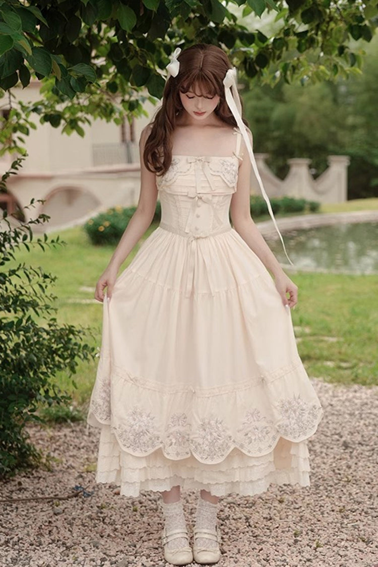 Abricot [Papillon Fantaisie] Robe Lolita Sweet Princess à Volants à Trois Couches avec Noeud Papillon Broderie en Dentelle Jsk 