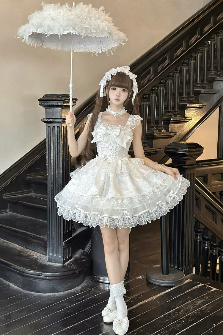 Robe Jsk Lolita Ballet Douce Slim en Dentelle à Volants sans Manches avec Nœud Papillon Blanche [Fleishi Island] 
