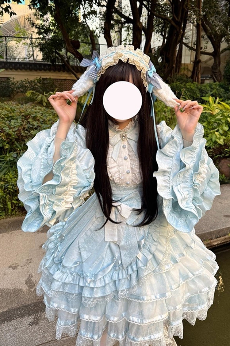 Blue [The Soloist Doll] Long Hime Sleeves Multi-Layered Print Ruffle Bowknot Asymmetric Sweet Lolita Dress