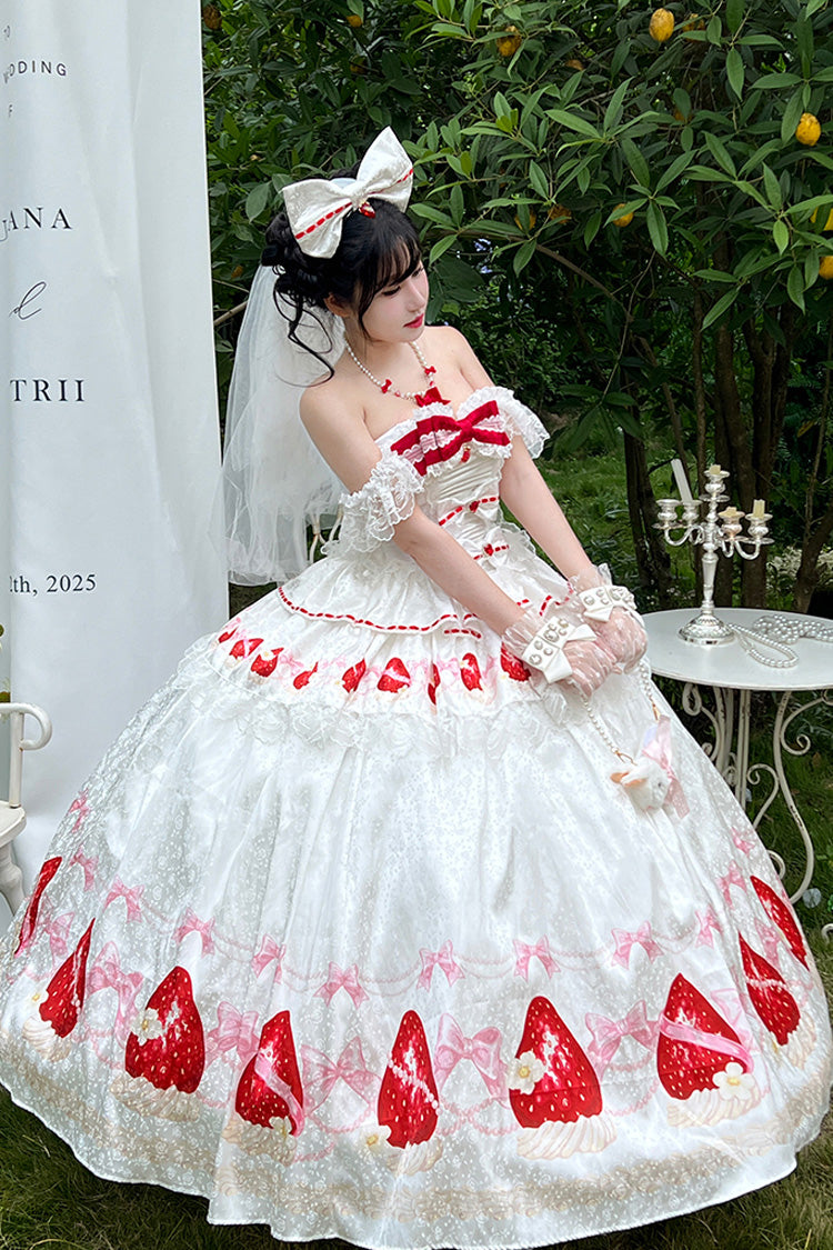 White [True Love Strawberry] Print Off Shoulder Sleeveless Ruffle Bowknot Lace Sweet Princess Lolita Dress Set