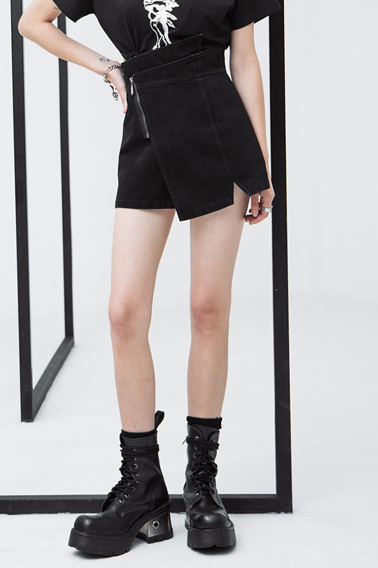 Schwarzer Metallreißverschluss, hohe Taille, unregelmäßiger Saum, Punk-A-Linien-Shorts für Damen