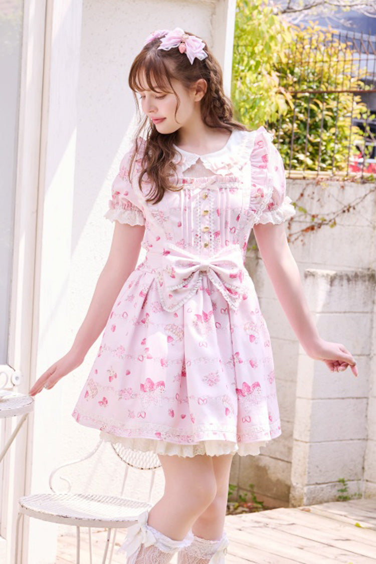 Pink [Creamy Berry] Print Short Puff Sleeves Ruffle Bowknot Lace-Up Sweet Jirai Kei Japanese Dress