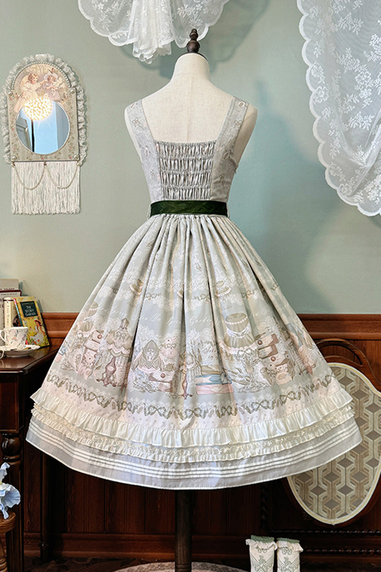 [Iris Study] V-Kragen Ärmellos Print Schleife Spitze Süßes Lolita Pullover Kleid 2 Farben