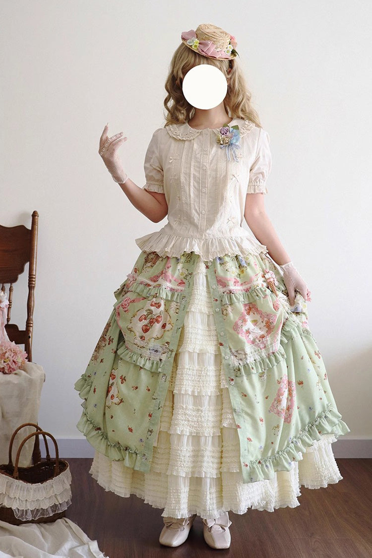 Jupe Lolita douce quotidienne à volants imprimée [Chat Rose Thé] verte 