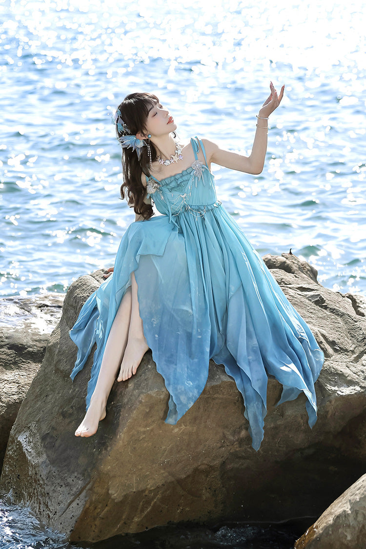 Blue [Ocean Sprite] Gradient Print Irregular Hooded Sweet Lolita Jsk Dress Cloak Set