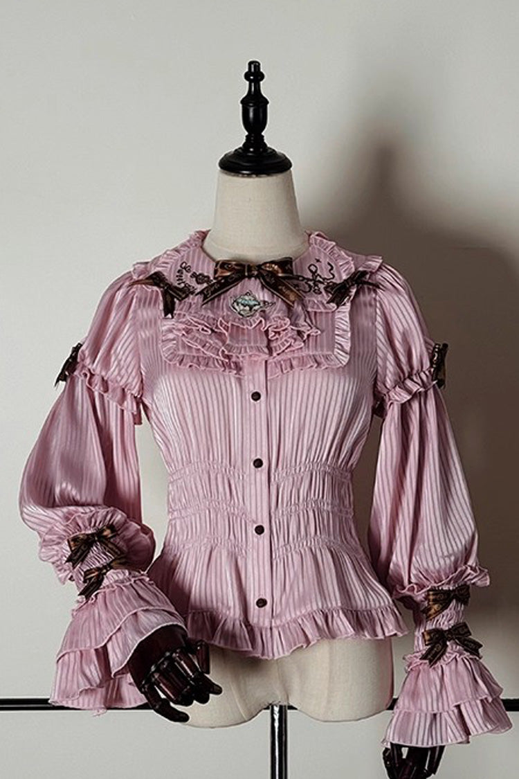 [Teddy Bear Chocolate] Round Collar Long Trumpet Sleeves Ruffle Bowknot Sweet Lolita Blouse 3 Colors