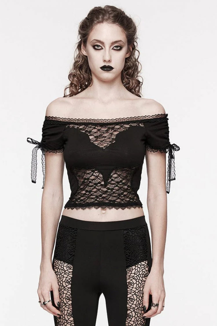 ブラックオフショルダーショートスリーブホロウボウノットレース女性用ゴシックトップス 