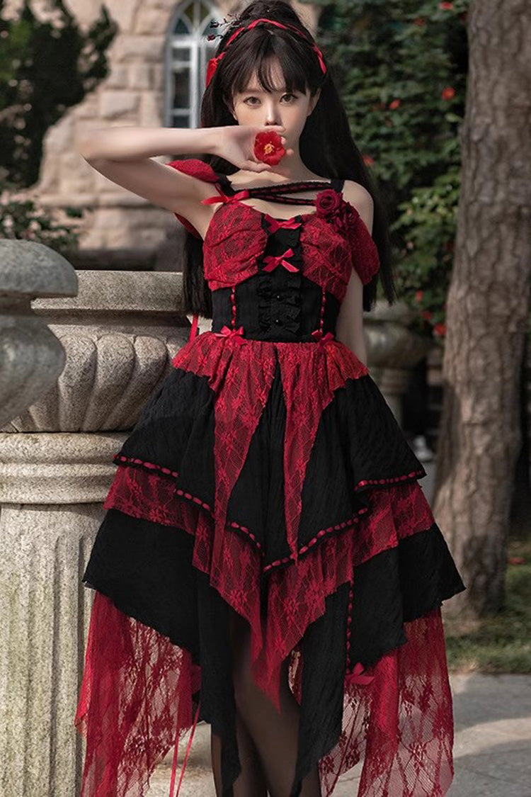Rot/Schwarzes ärmelloses, hoch tailliertes Lolita-JSK-Kleid mit unregelmäßigem Aufdruck