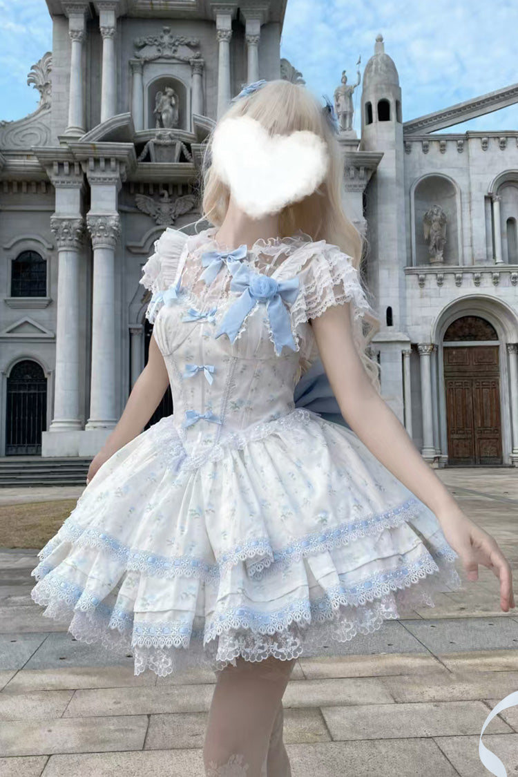 Blue [First Love Rose] Multi-Layered Print Ruffle Bowknot Lace Sweet Lolita Jsk Dress Set