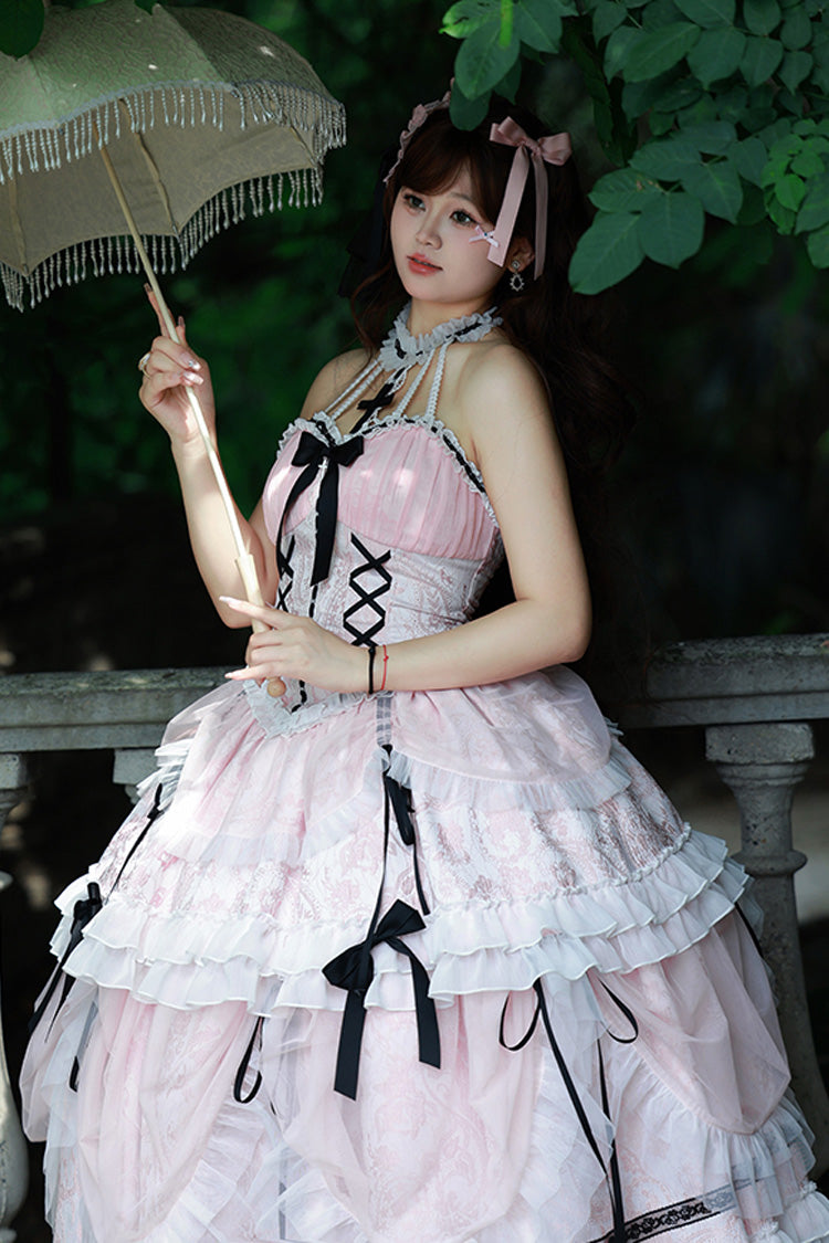 Pink Cross Halterneck Ruffle Bowknot Lace Lace-Up Princess Sweet Lolita Dress