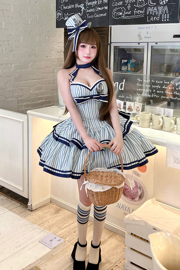 Blue [Sailing Sweetheart] Double-Layered Vertical Stripes Print Ruffle Bowknot Sweet Lolita Dress