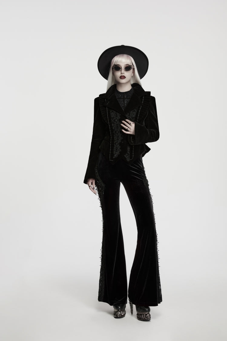 Schwarzer Reverskragen, lange Trompetenärmel, Spitze, Schnürung, asymmetrischer Farbblock-Damen-Gothic-eleganter, luxuriöser königlicher Samtmantel