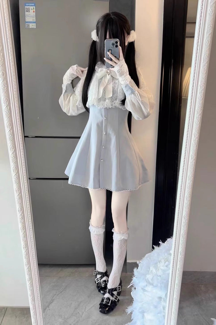 Aquamarines, langärmliges, schmales Jirai Kei-Kleid mit Schalkragen und Spitzen