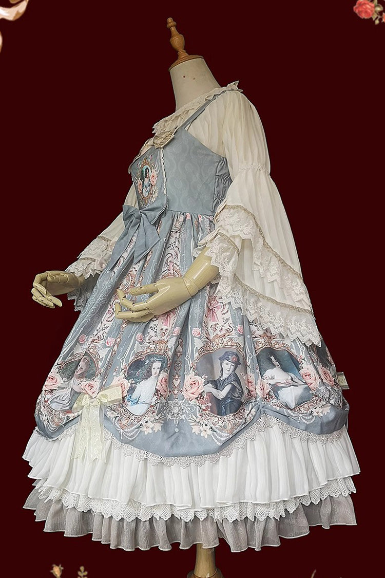 [Portrait of A Little Lady] Print Ruffle Bowknot Lace Classic Vintage Elegant Lolita Jsk Dress 3 Colors