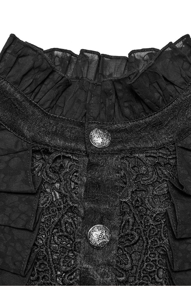 Schwarze Bluse im Gothic-Stil mit Stehkragen, langen Puffärmeln, Jacquard-Rüschen und Stickerei für Herren 