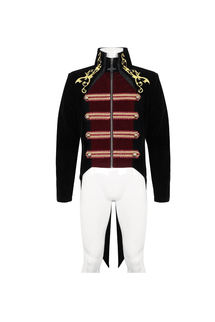 Black/Red Retro Totem Embroidered Swallow Tailed Men's Gothic Coat