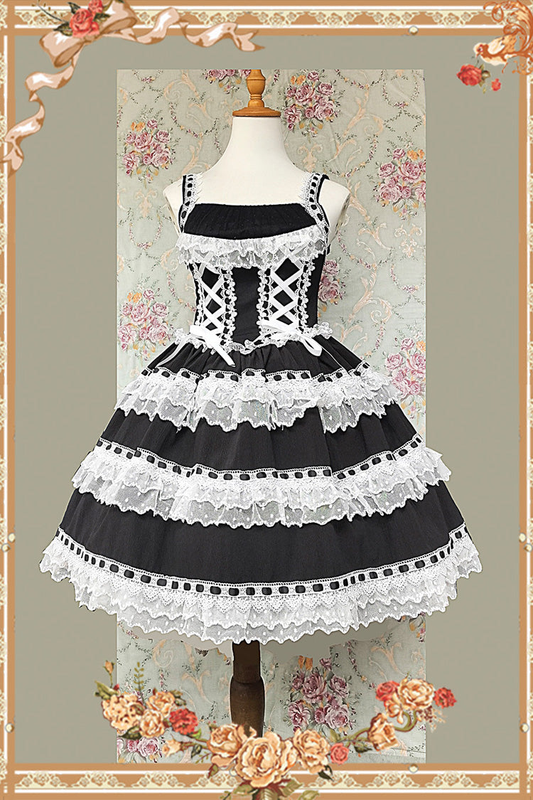 Robe noire/blanche [Poupée dans le miroir] Col carré sans manches à volants et lacets Sweet Lolita Jsk