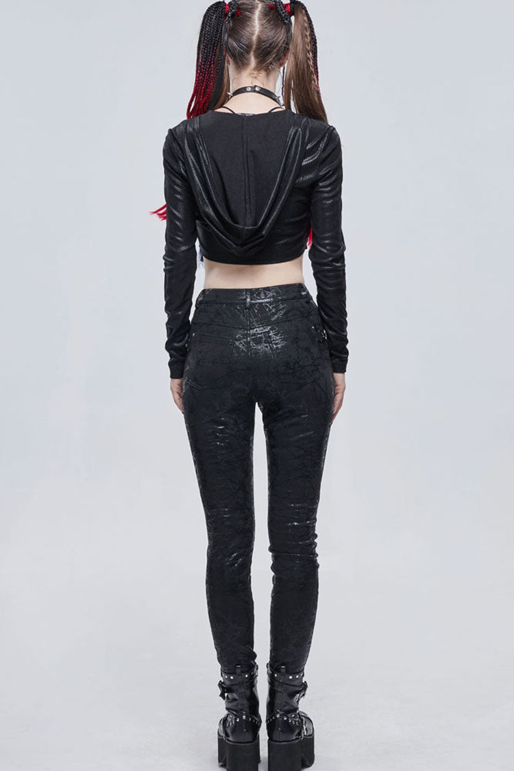 Black Punk Knitted Over Glue Metal Buckle Decoration Elasticity Leather Women's Leggings