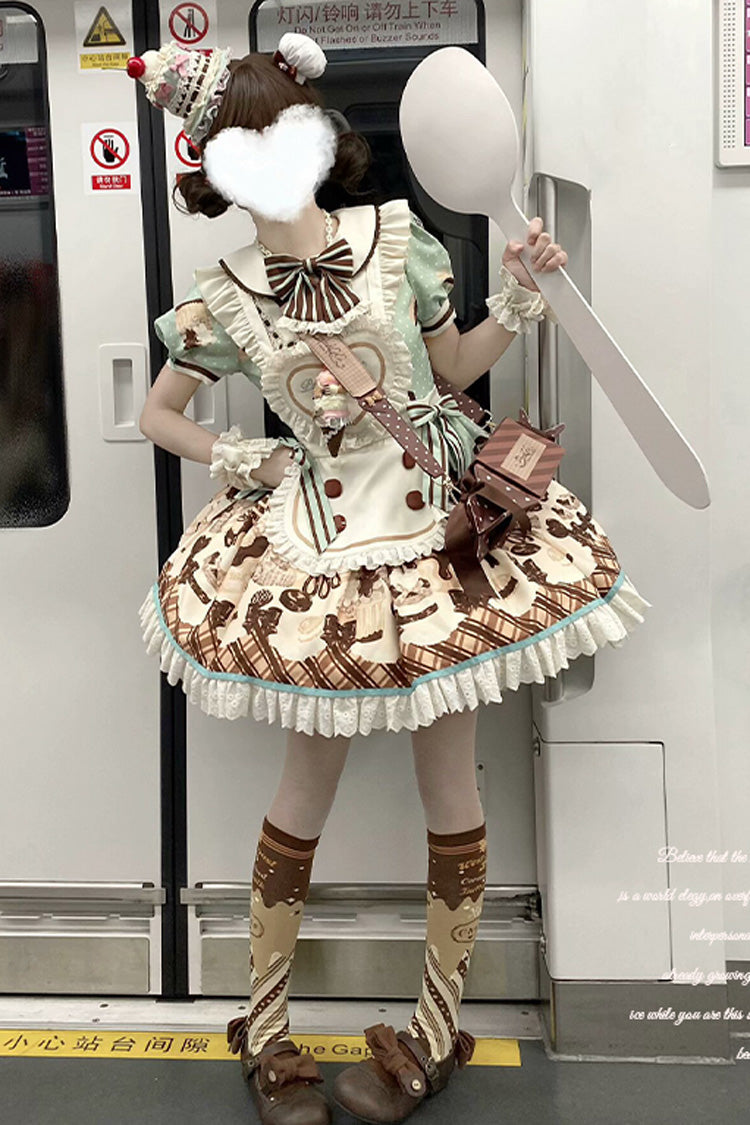 Brown [Peppermint Chocolate] Chocolate Cake Bear Print Ruffle Bowknot Lace-Up Sweet Lolita Dress