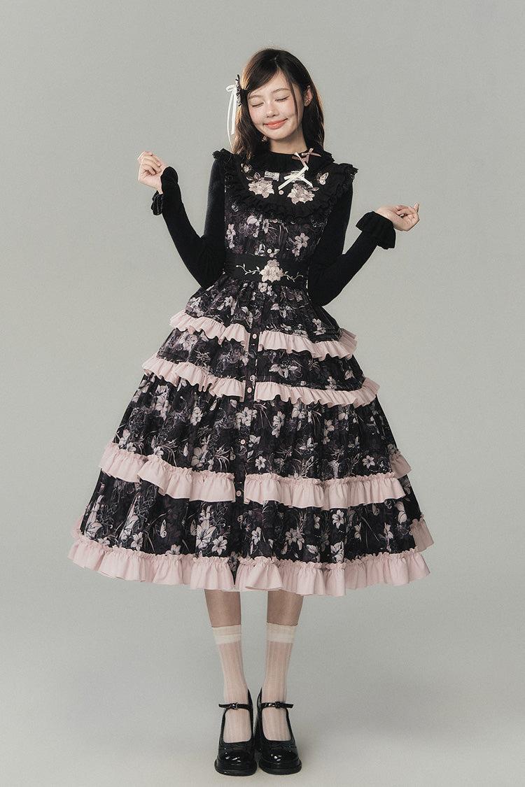 Noir [Morning Dew Rose] Col rond sans manches multicouche imprimé à volants brodé doux d'inspiration chinoise robe pull lolita