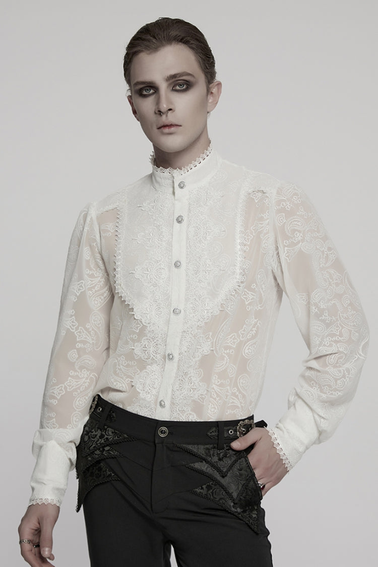 Weiße Stehkragen-Chiffonbluse mit langen Ärmeln und hohler Stickerei für Herren im Gothic-Stil 