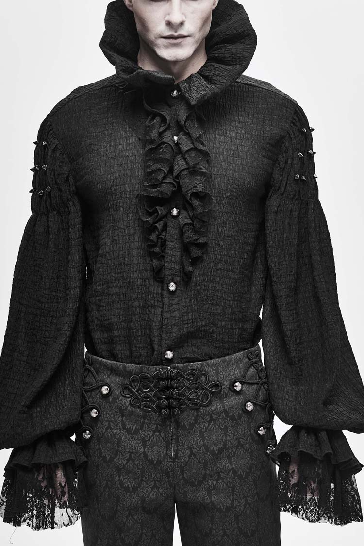 Black High Collar Chiffon Chest Frilly Beading Long Sleeve Lace Cuff Men's Gothic Shirt