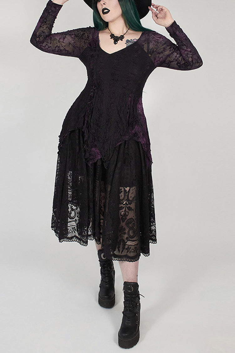 Purple V-Neck Front Splice Rose Lace Mesh Back Waist Lace-Up Irregular Hem Plus Size Knit Women's Gothic T-Shirt