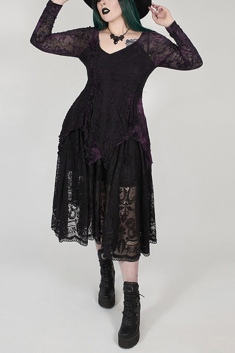 Lilafarbenes V-Ausschnitt-Vorderteil, gespleißte Rosenspitze, Netzstoff an der Rückseite, Schnürung an der Taille, unregelmäßiger Saum, Übergröße, gestricktes Gothic-T-Shirt für Damen