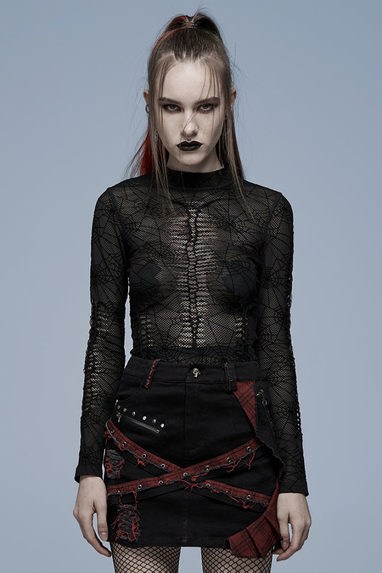 Black Long Sleeves Spider Web Print Hollow Mesh Women's Punk T-Shirt
