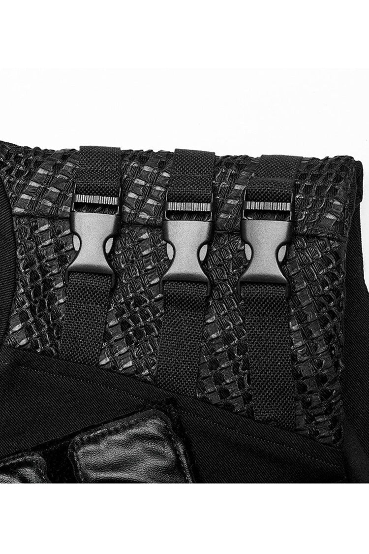 Black Punk High Collar Front Geometric Patterns Splicing Design Shoulder Padded Webbing Buckle Twill Men's Vest
