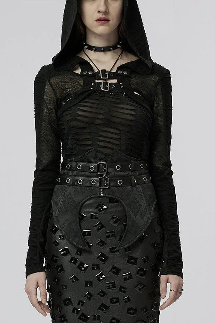 Schwarze Steampunk-Jacke für Damen aus Stretch-Strick mit abnehmbarer Kapuze und Streifenschnallen