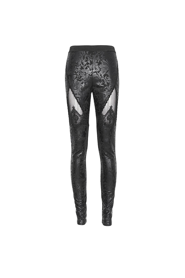 Black Floral Embroidered Mesh Splice Women's Gothic Leggings