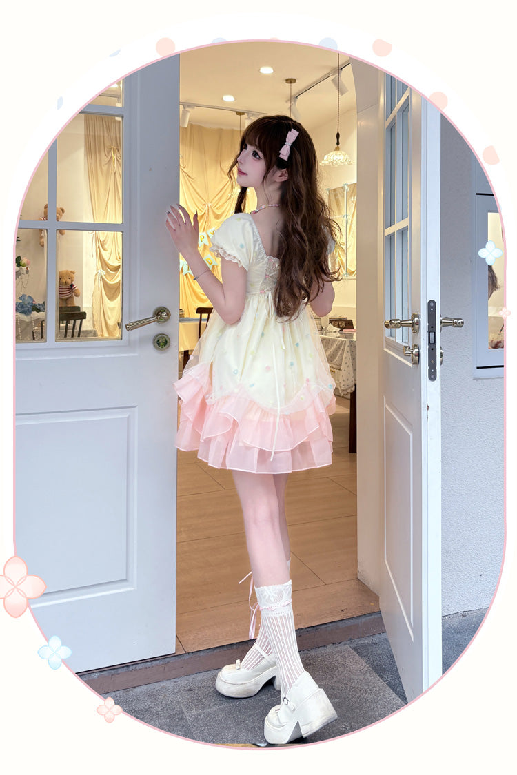 Aprikose/Rosa [Bubble Lover] Kurze Puffärmel Mehrlagiges Rüschen-Spitzen-Kleid Süße Prinzessin Lolita Kleid 