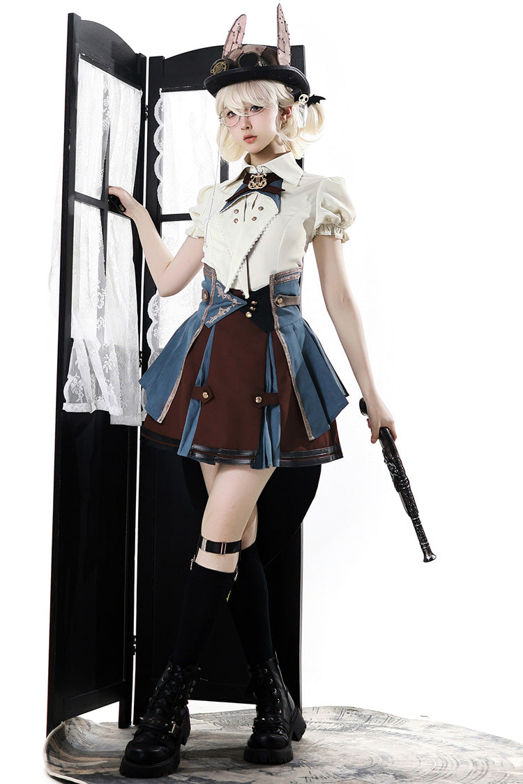 [Conducteur de Train de la Ville des Fées] Ensemble Jupe Lolita Punk Élégant à Manches Courtes avec Broderie de l'Académie Britannique 