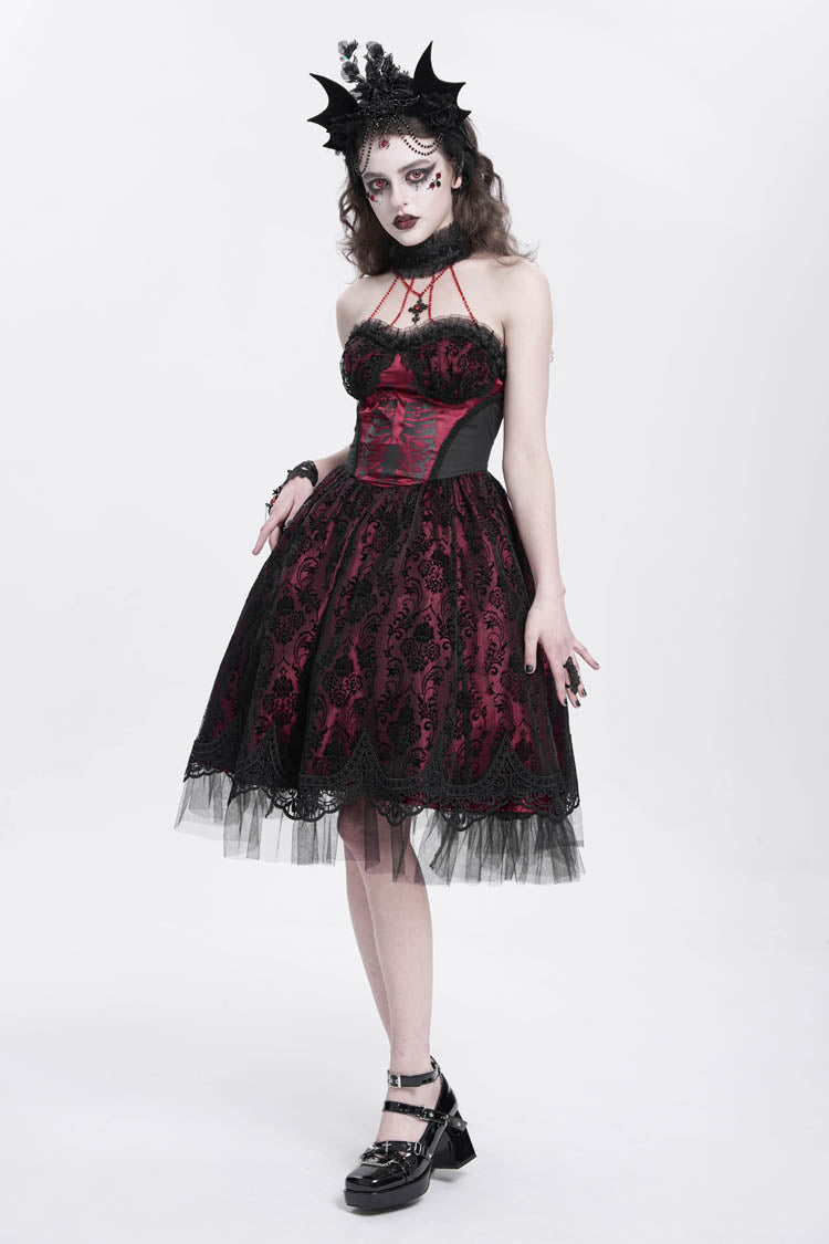 Red Halterneck Skeleton Print Embroidery Stitching Lace Women's Gothic Dress