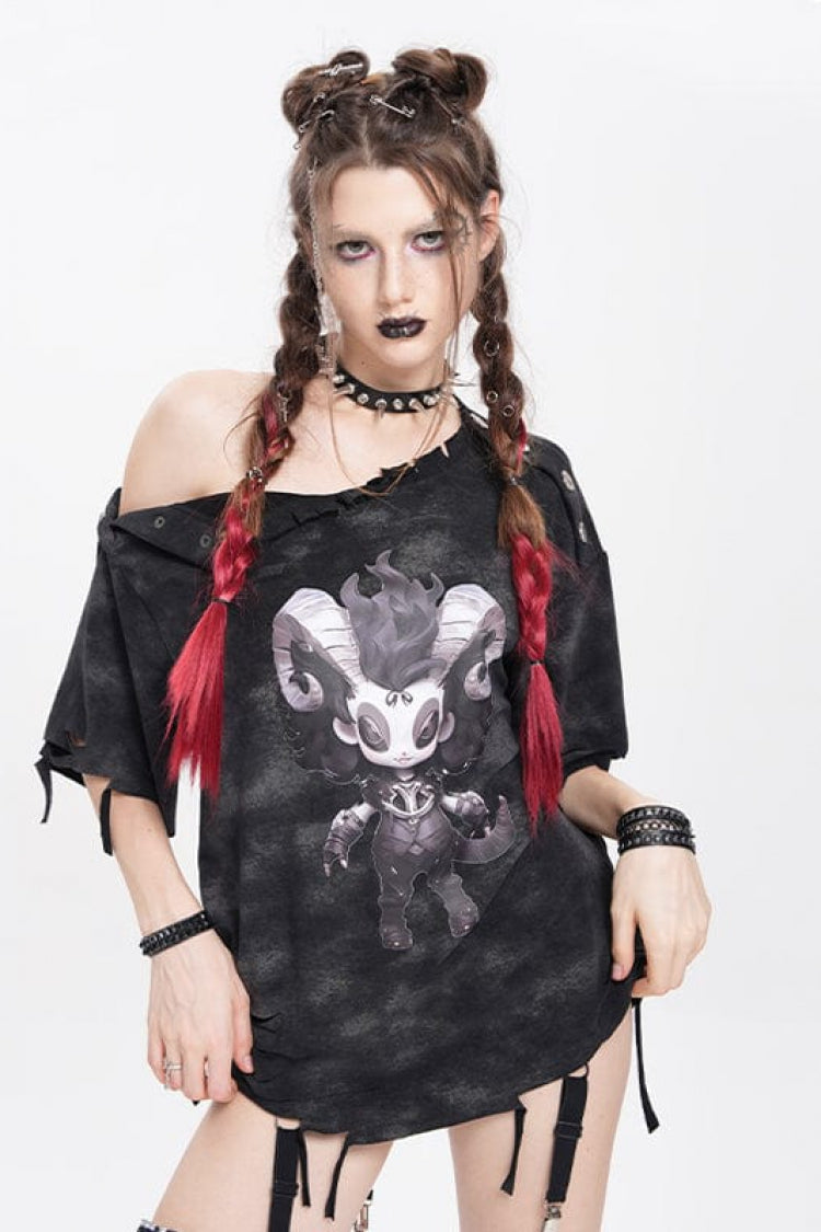 Black Short Sleeves Lilimar Print Ripped Women's Punk T-Shirt